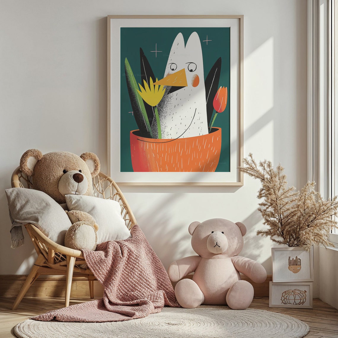 Quirky Chicken Flower Pot Tulips Bold Cartoon Kids Room Poster - Image 2