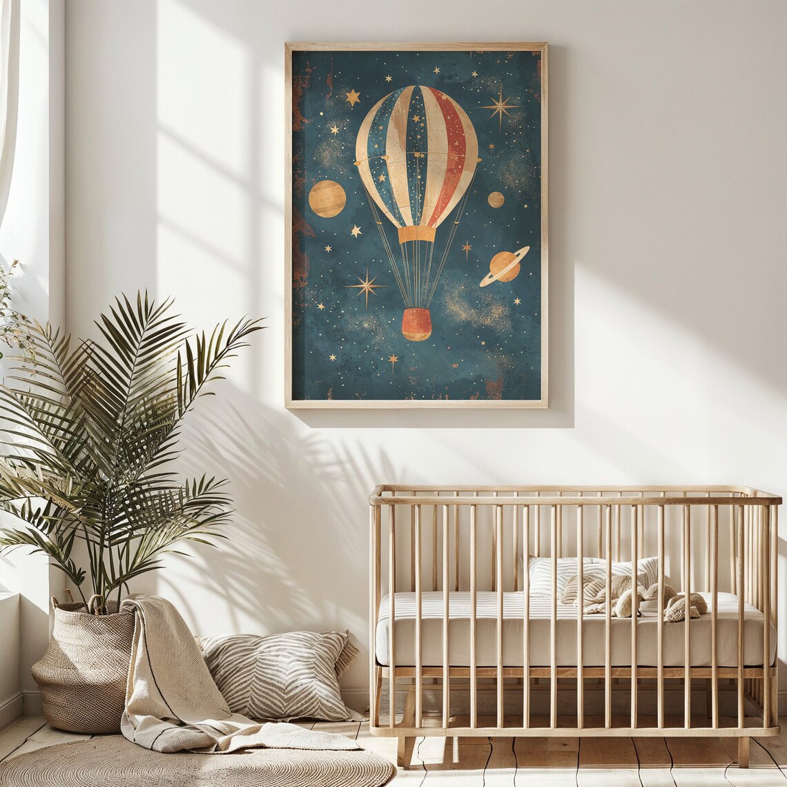 Hot Air Balloon Space Adventure Nursery Poster, Vintage Style