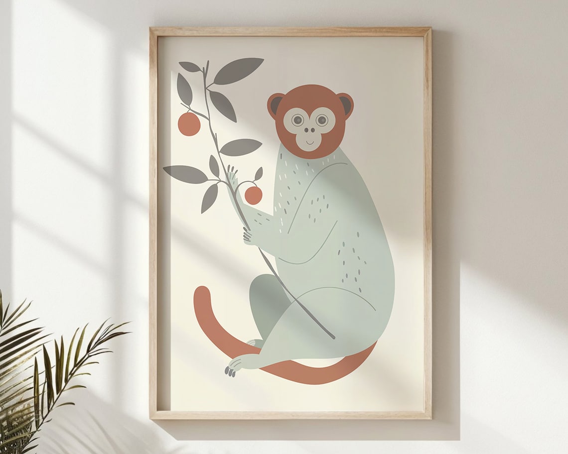 Cute Monkey With Fruit Branch Sage Terracotta Minimalist Wall Art Poster