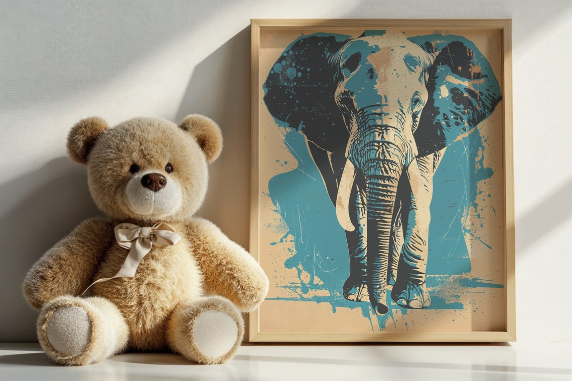 Bold Blue Elephant Pop Art Teal Splatter Vintage Wildlife Wall Art - Image 5