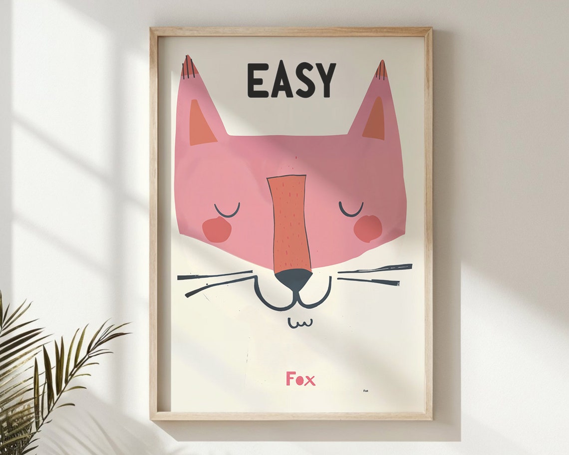 Sleepy Pink Fox Face Easy Style Kids Room Animal Wall Art Poster