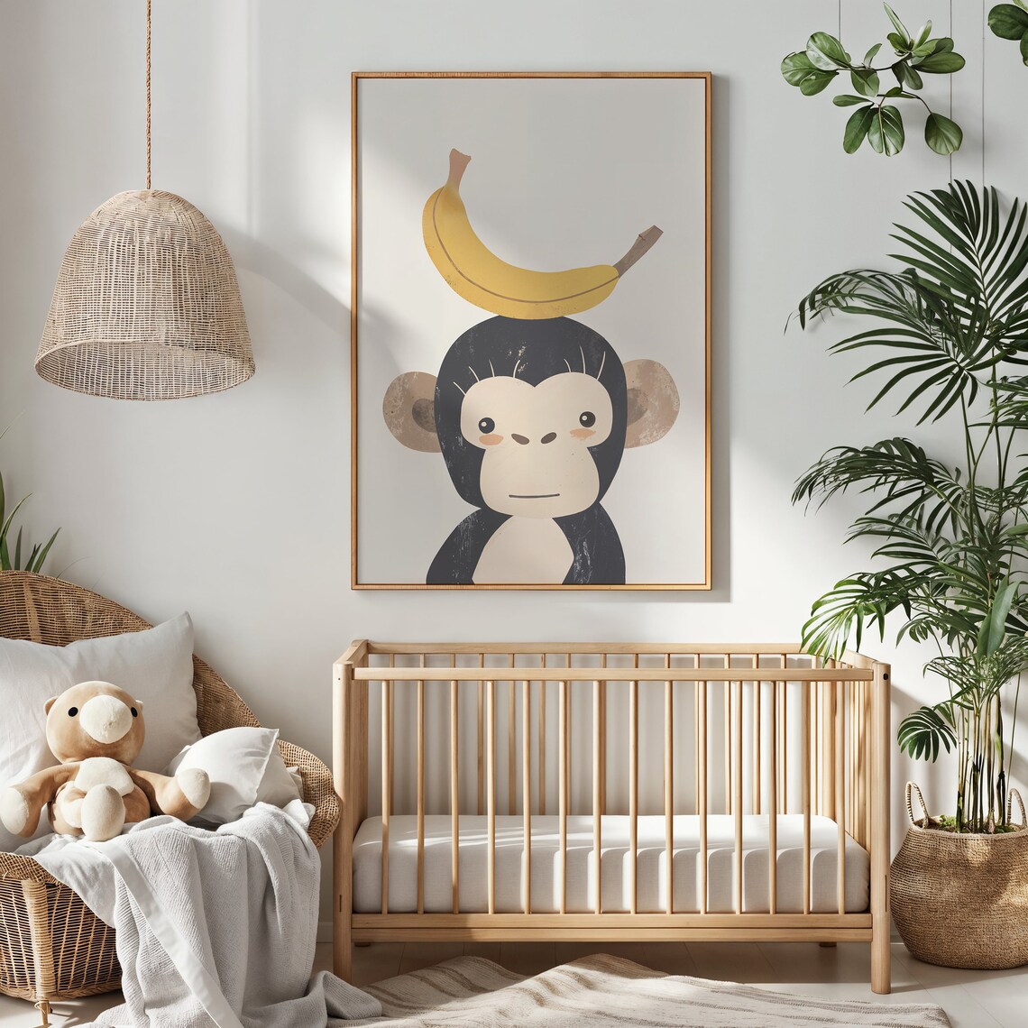 Monkey And Banana Nursery Animal Poster, Neutral Tones - Image 2