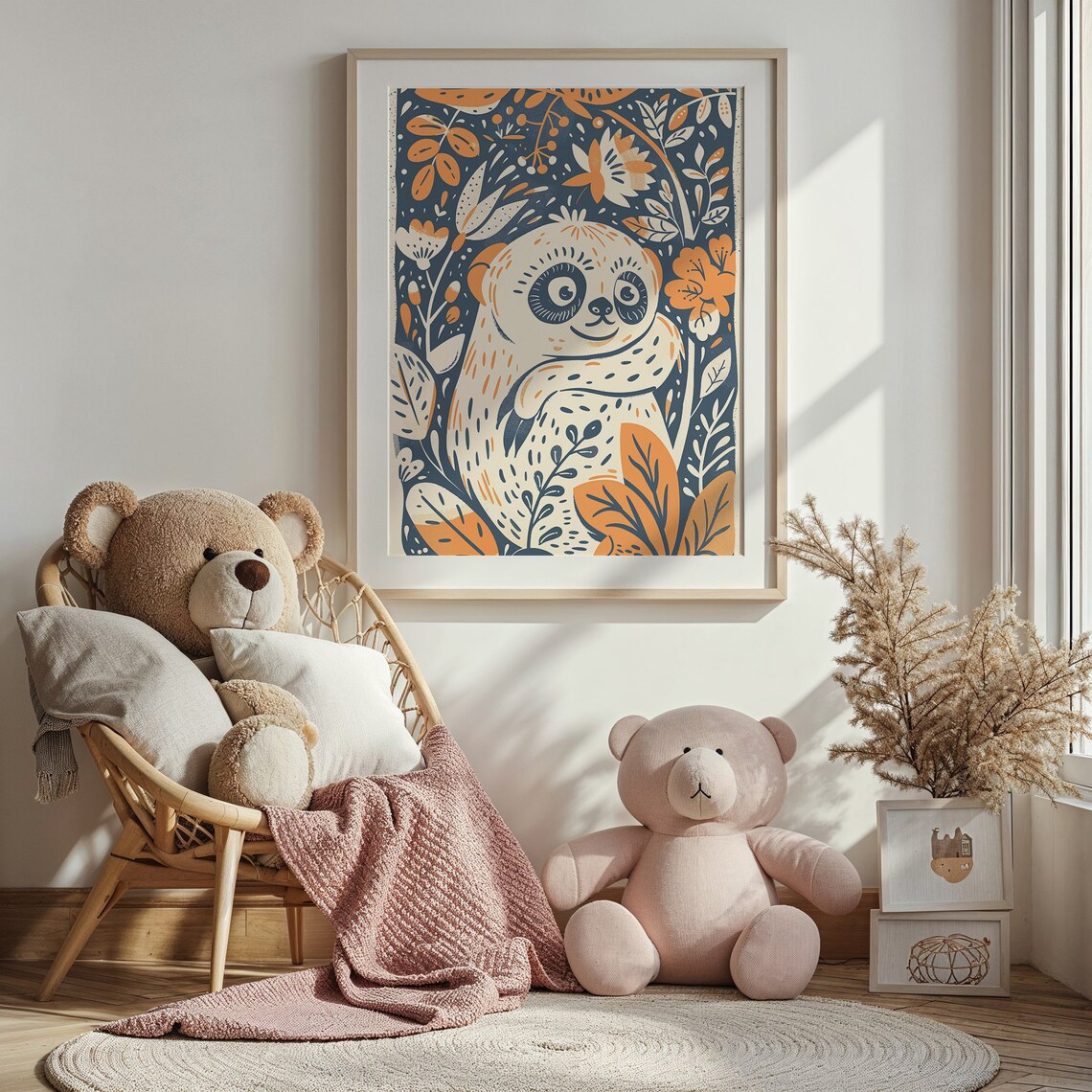 Cute Sloth Botanical Floral Illustration Orange Navy Kids Wall Art Poster - Image 4