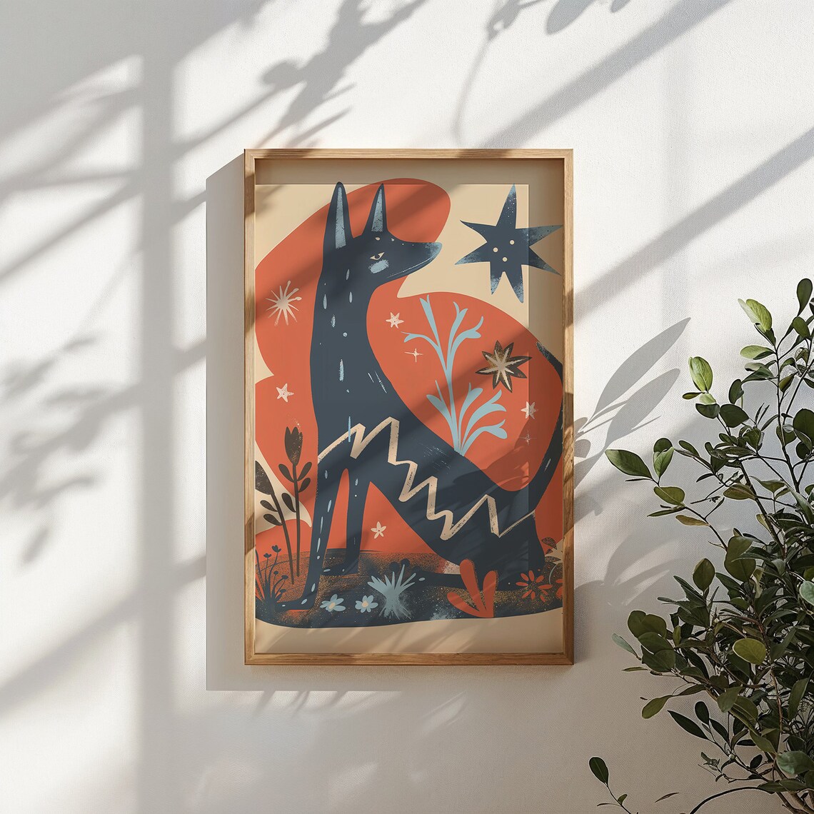 Sitting Black Dog Sunset Stars Bold Folk Art Animal Wall Poster - Image 5