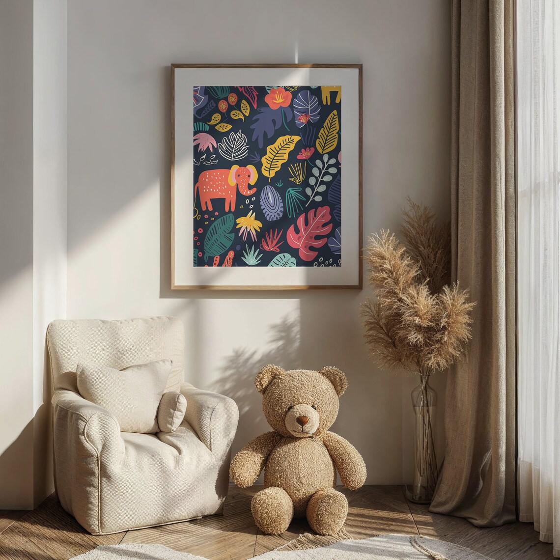 Dark Jungle Animal Botanical Pattern Coral Elephant Nursery Wall Art Print - Image 5
