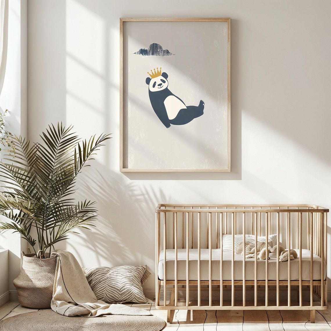 Navy Panda Gold Crown Minimalist Beige Neutral Kids Room Wall Poster - Image 6