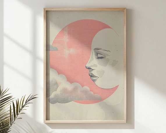 Moon And Clouds Abstract Print Nursery Wall Art Kids Bedroom Celestial Decor Vintage Style Moon Face Poster Gift