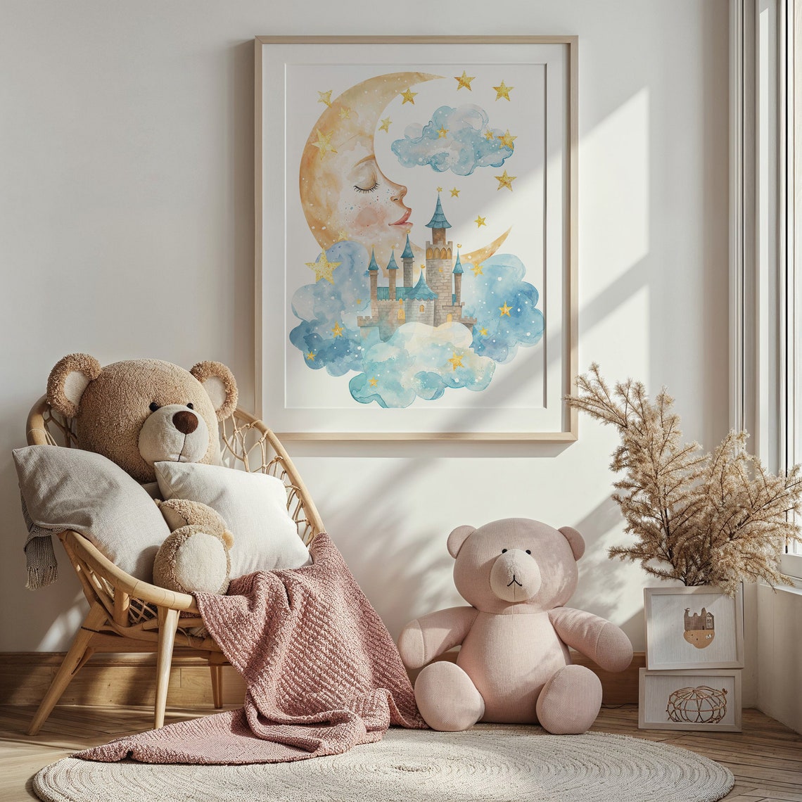 Fairytale Castle Moon Face Night Sky Watercolor Nursery Wall Poster - Image 3