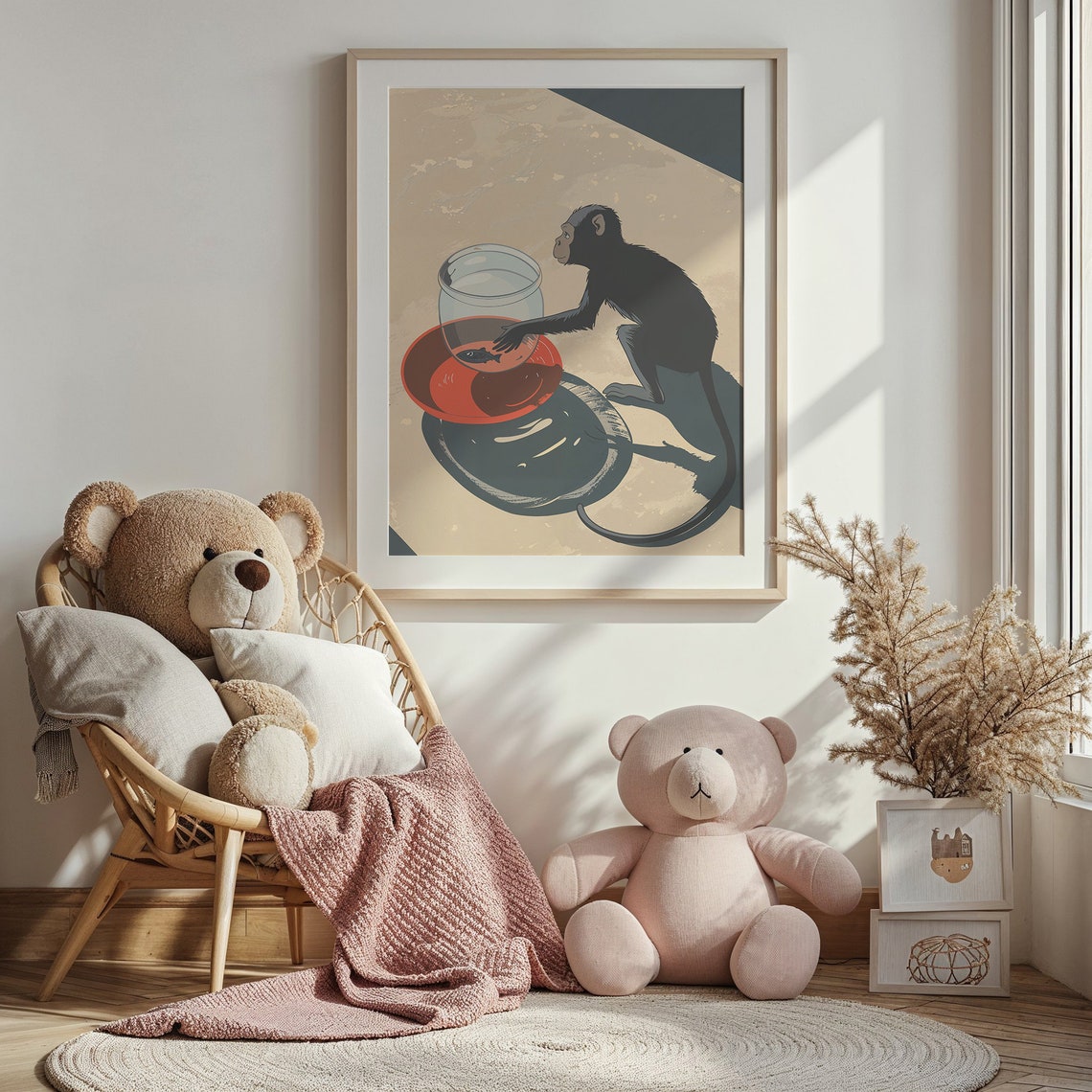 Curious Monkey Reaching Fishbowl Playful Shadow Retro Nursery Poster - Image 3