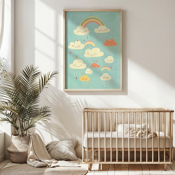Rainbow Clouds Nursery Wall Art Smile Rain Kids Posters Whimsical Weather Decor Colorful Baby Room Art Instant Gift