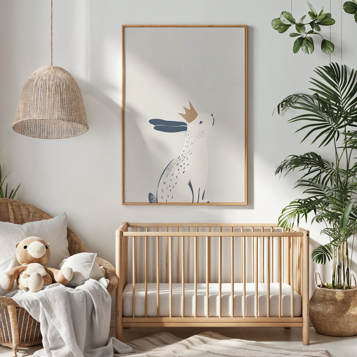 Crowned White Bunny Blue Ears Minimalist Neutral Nursery Wall Poster - Image 3