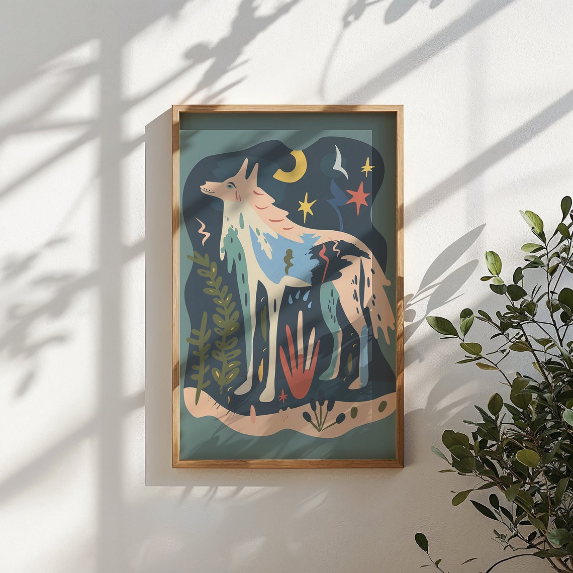 White Wolf Moonlight Stars Celestial Folk Art Animal Wall Poster - Image 5