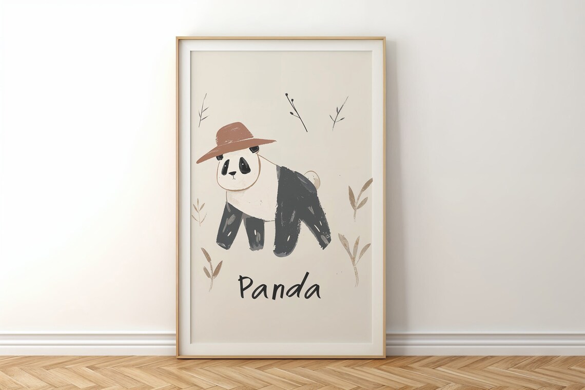 Panda Wearing Brown Hat Neutral Botanical Nursery Kids Room Art Poster - Image 5