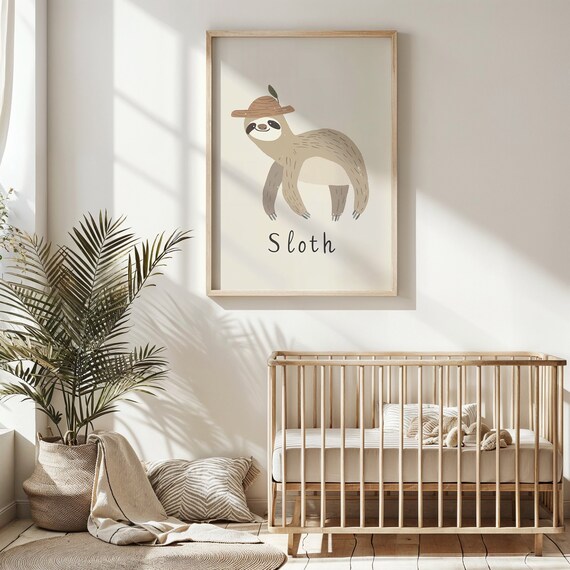Sloth Wearing Safari Hat Cream Neutral Nursery Kids Room Art Poster