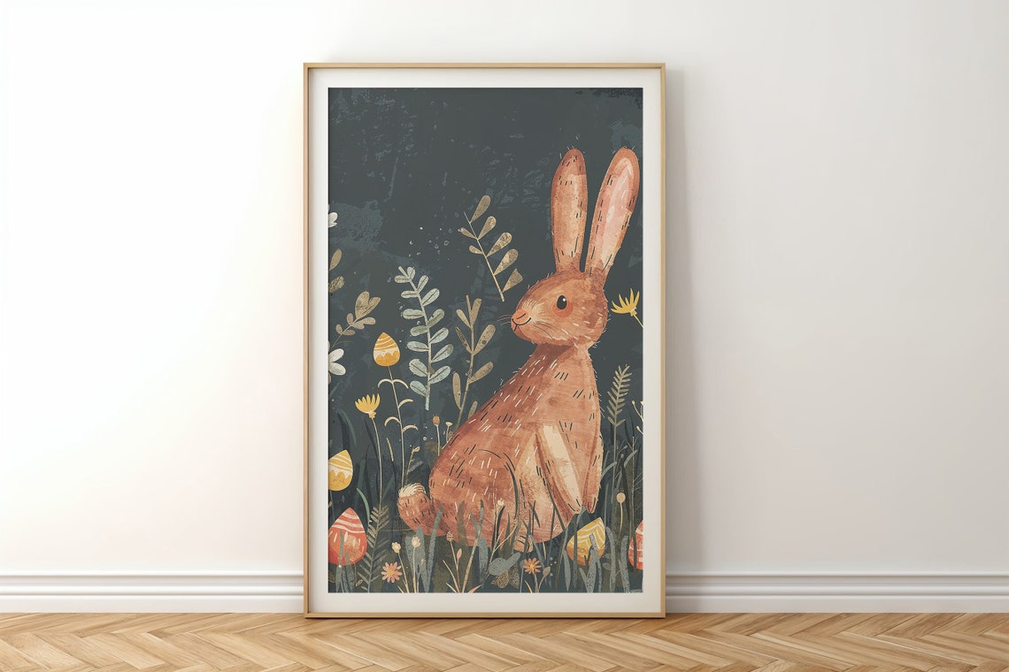 Brown Bunny Dark Meadow Wildflowers Patterned Eggs Nursery Poster - Image 6