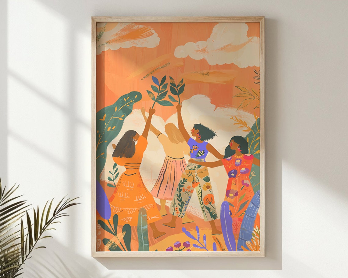 Diverse Women Holding Branches Aloft Orange Sky Friendship Poster - Image 5