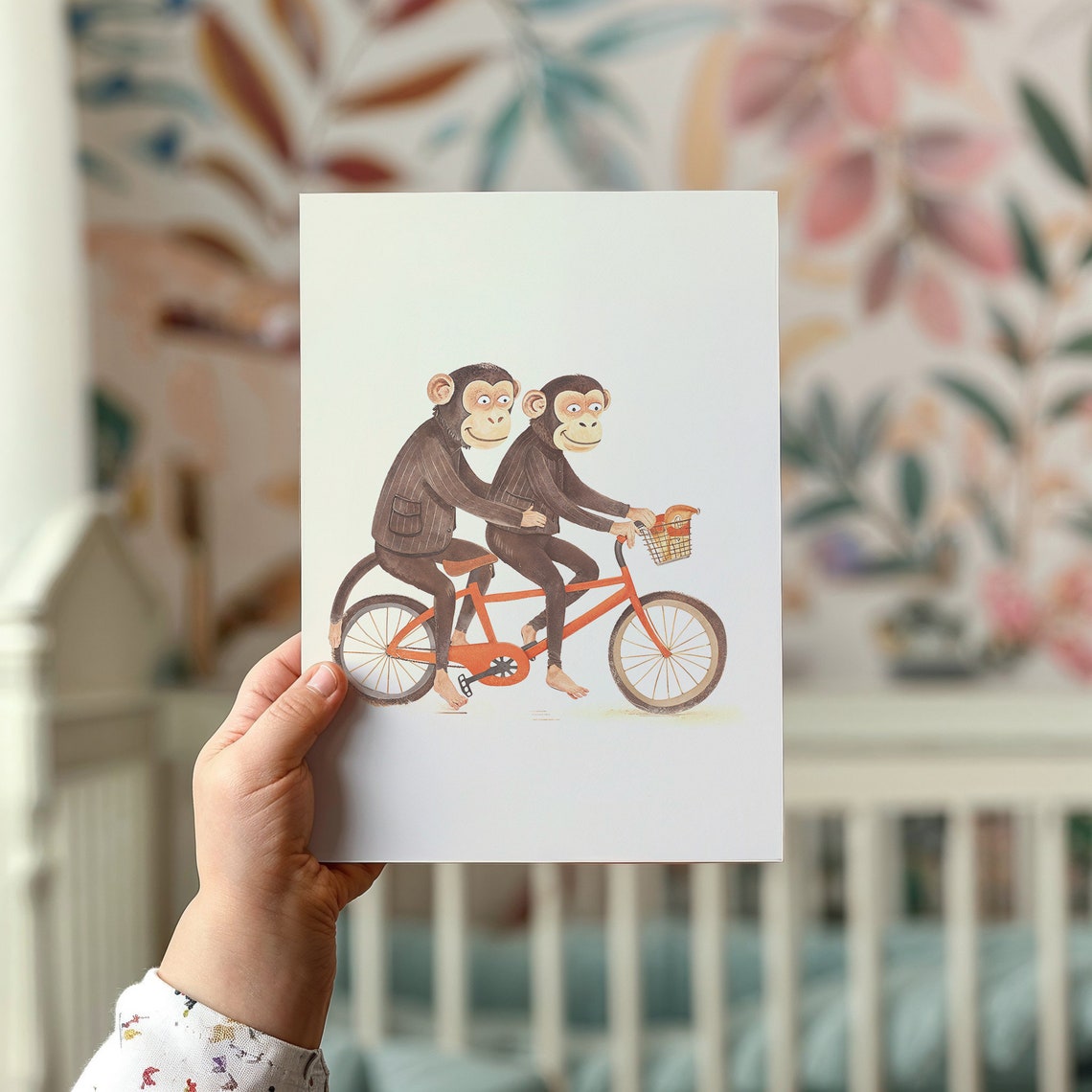 Two Monkeys Riding Tandem Bicycle Watercolor Nursery Kids Room Poster - Image 2