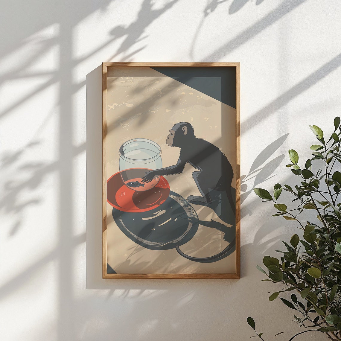 Curious Monkey Reaching Fishbowl Playful Shadow Retro Nursery Poster - Image 4