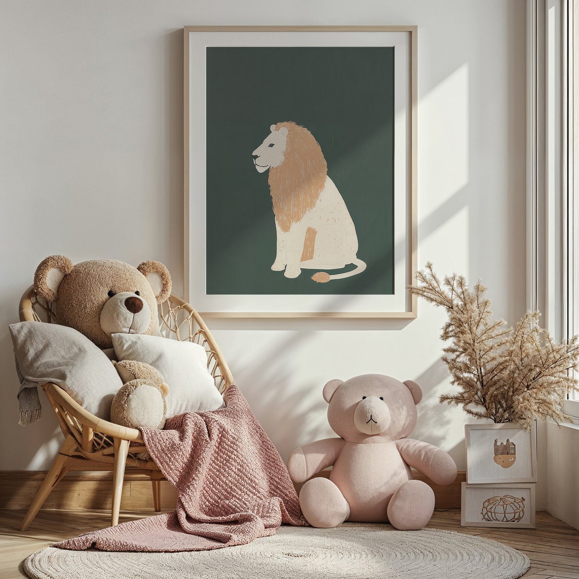 Lion With Golden Mane On Forest Green Minimalist Nursery Safari Poster - Image 3