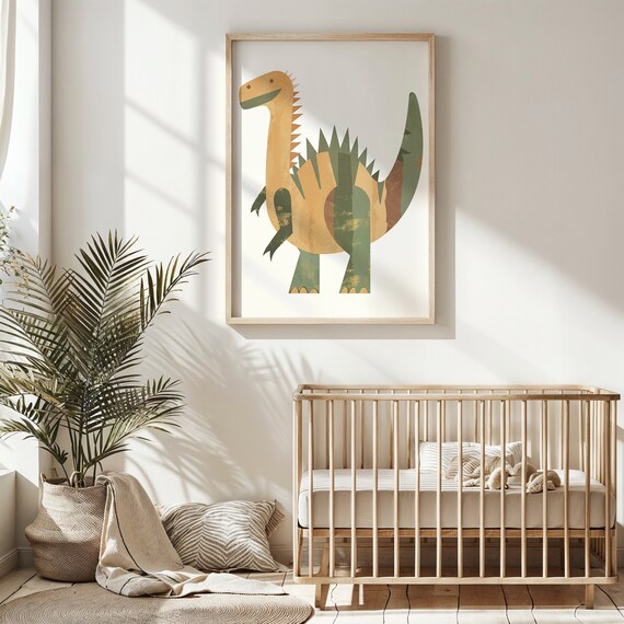 Dinosaur Nursery Wall Art Kids Dino Poster Childrens Room Decor Prehistoric Theme Bedroom Decor Green And Orange Gift Idea