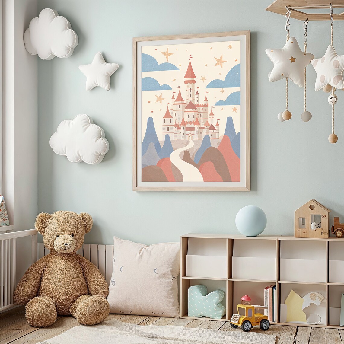 Whimsical Castle Red Spires Winding Road Colorful Hills Starry Poster - Image 2