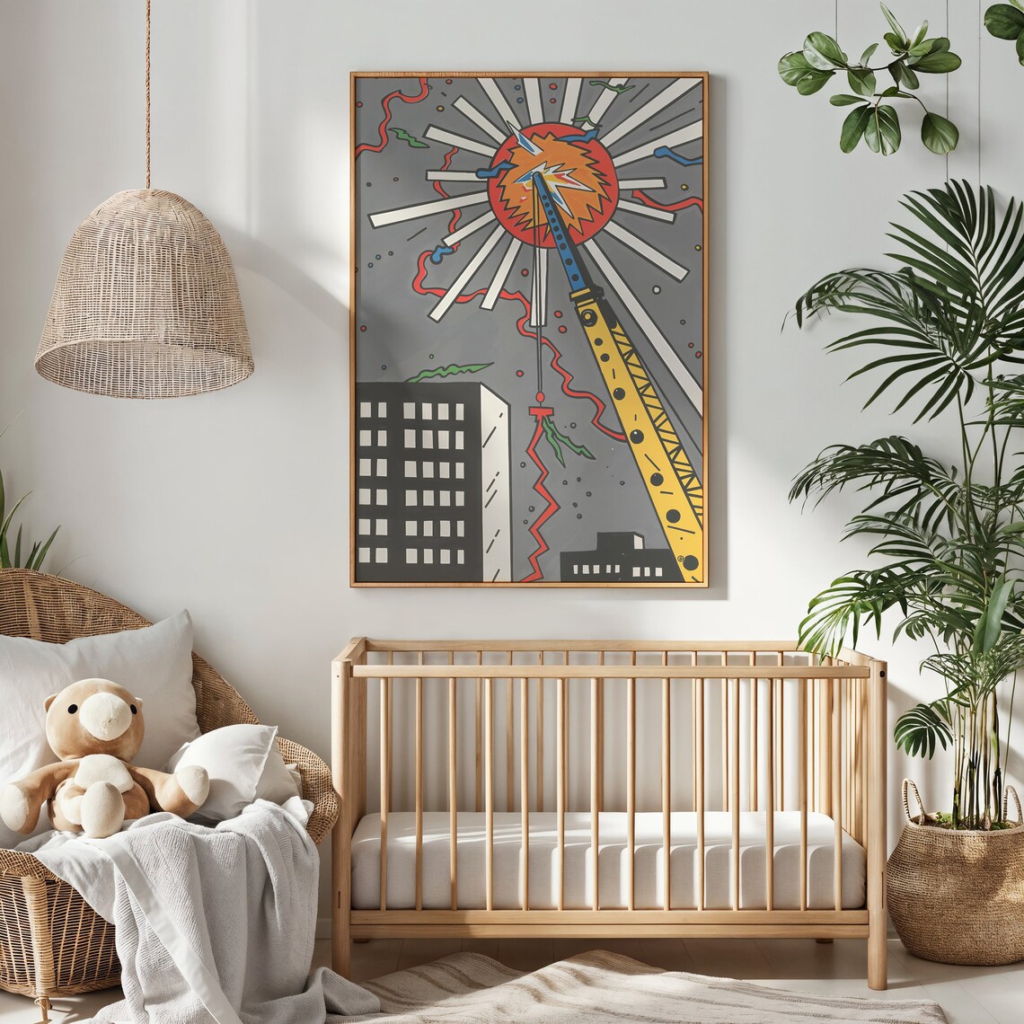Pop Art Crane Lifting Sun City Building Bold Comic Wall Poster - Image 3