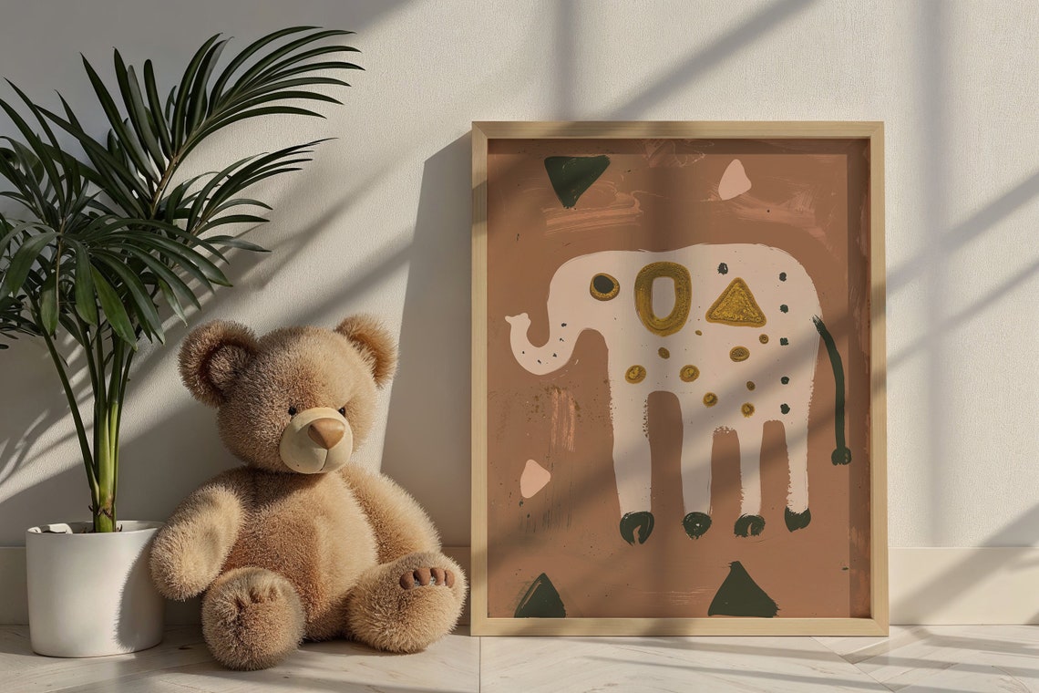 Abstract White Elephant Gold Geometric Terracotta Safari Wall Poster - Image 6