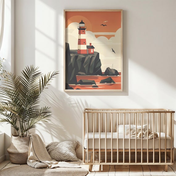 Lighthouse Sunset Print Nautical Nursery Wall Art Kids Room Decor Coastal Poster Ocean Landscape Gift For New Parents