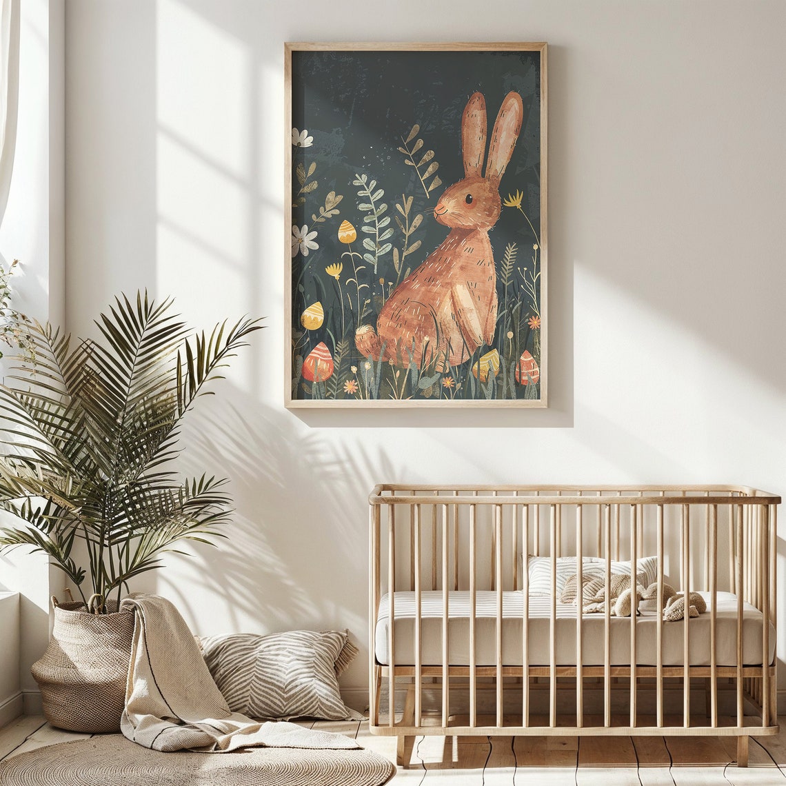 Brown Bunny Dark Meadow Wildflowers Patterned Eggs Nursery Poster - Image 4