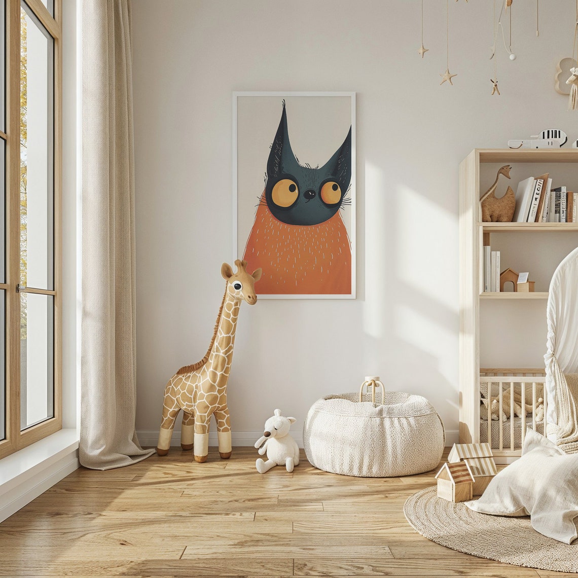 Quirky Black Cat With Big Yellow Eyes Cute Orange Body Art Print - Image 2