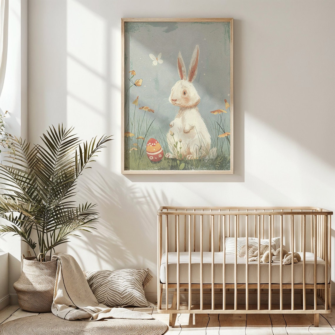 White Bunny Grassy Meadow Butterfly Vintage Easter Nursery Poster - Image 4