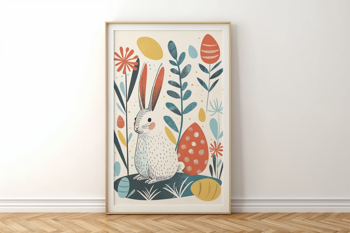 White Bunny Patterned Easter Eggs Modern Botanical Kids Room Poster - Image 6