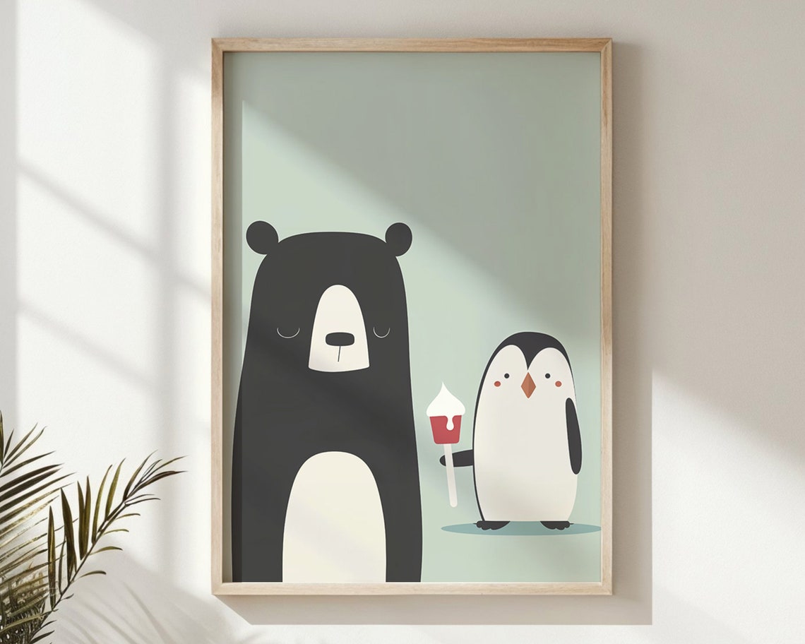 Bear Penguin Friends Red Ice Cream Mint Background Kids Wall Poster - Image 6