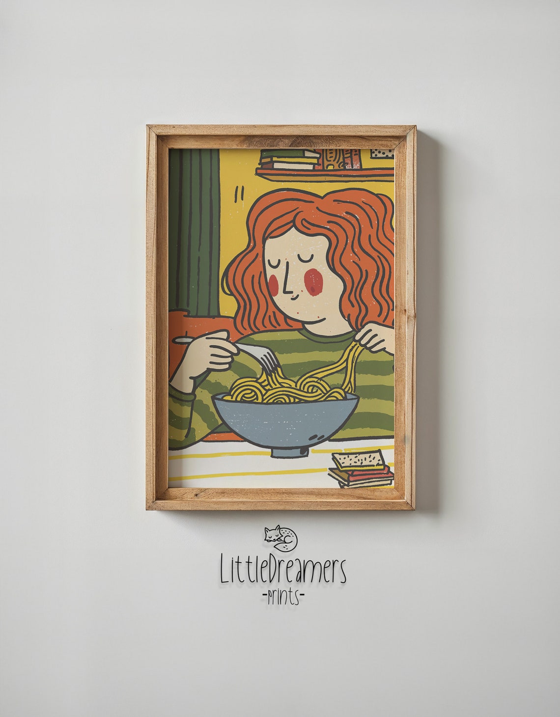 Cozy Girl Eating Noodles Book Lover Cartoon Kitchen Decor Wall Poster - Image 6
