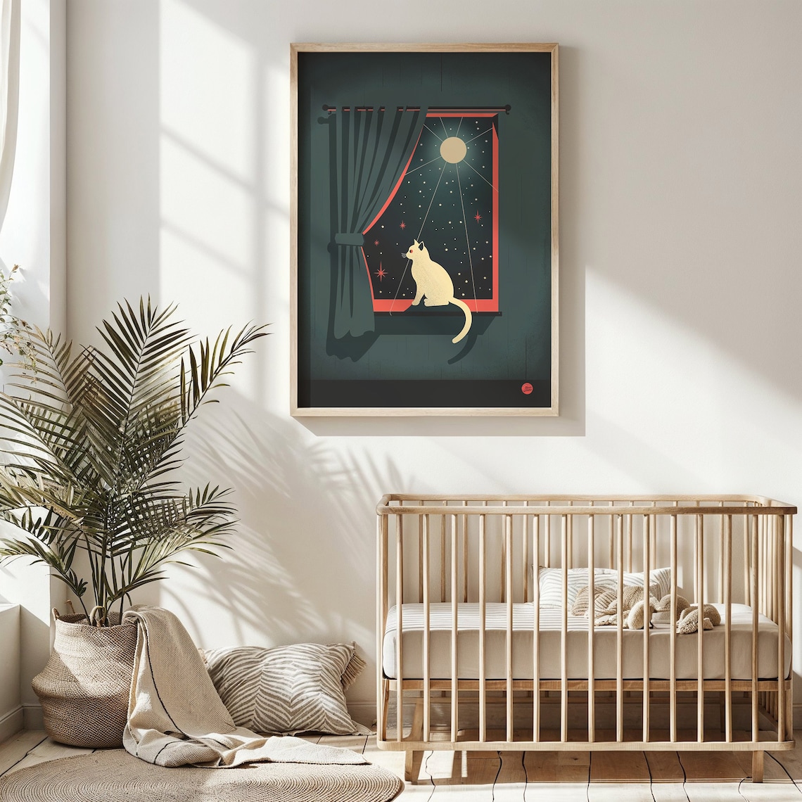 Cat Stargazing At Full Moon Through Window Celestial Nursery Wall Art Poster