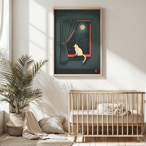 Cat Stargazing At Full Moon Through Window Celestial Nursery Wall Art Poster