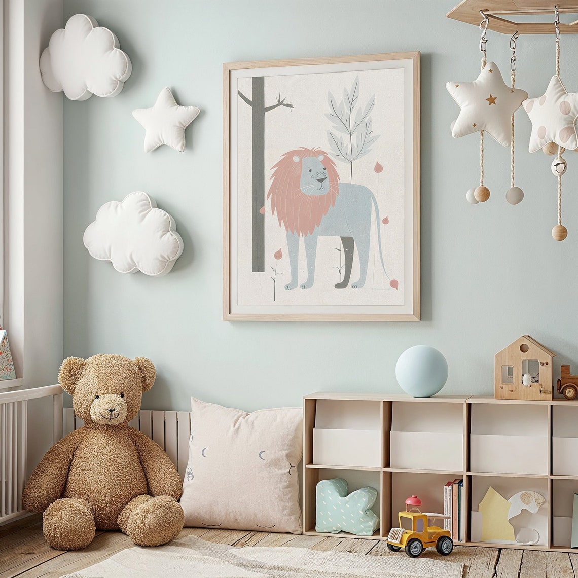 Pastel Lion With Dusty Rose Mane Minimalist Nursery Wall Art Poster - Image 2