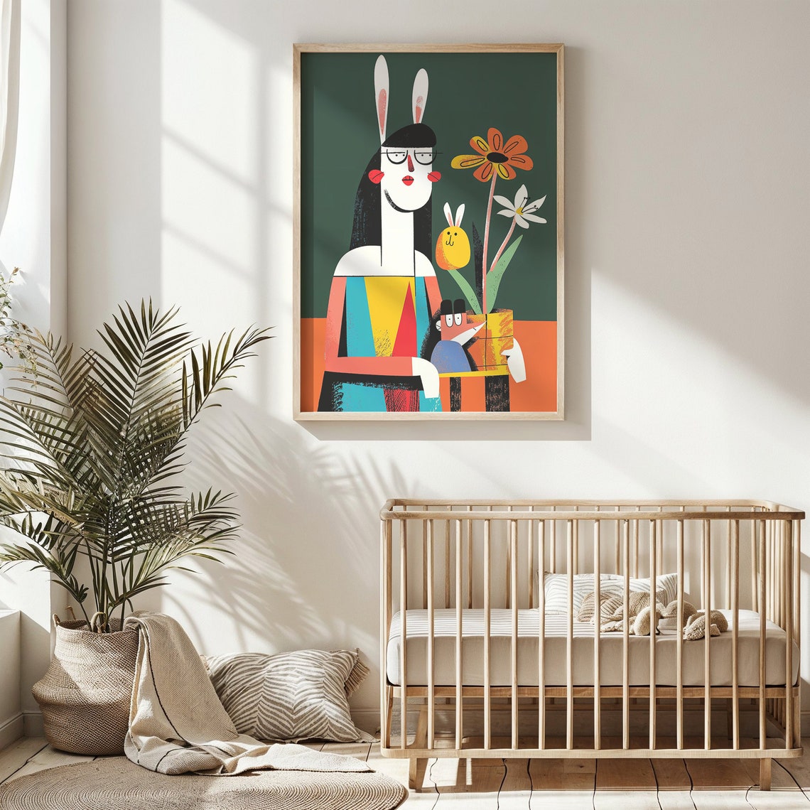 Abstract Bunny Mom With Baby Flowers Bold Modern Kids Poster - Image 3