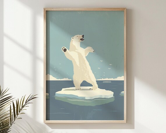 Playful Polar Bear Leaping Ice Floe Arctic Ocean Retro Art Poster