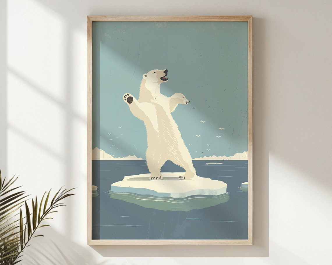 Playful Polar Bear Leaping Ice Floe Arctic Ocean Retro Art Poster