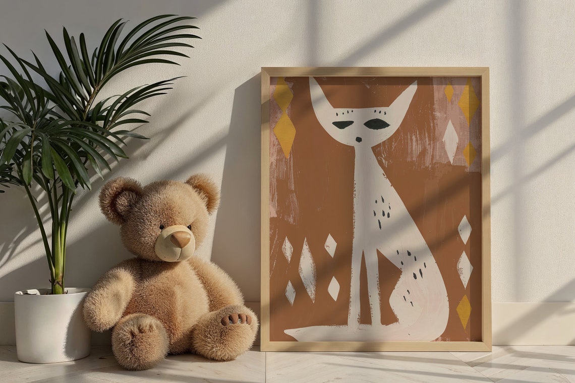 Abstract White Cat Terracotta Diamond Background Modern Nursery Poster - Image 4