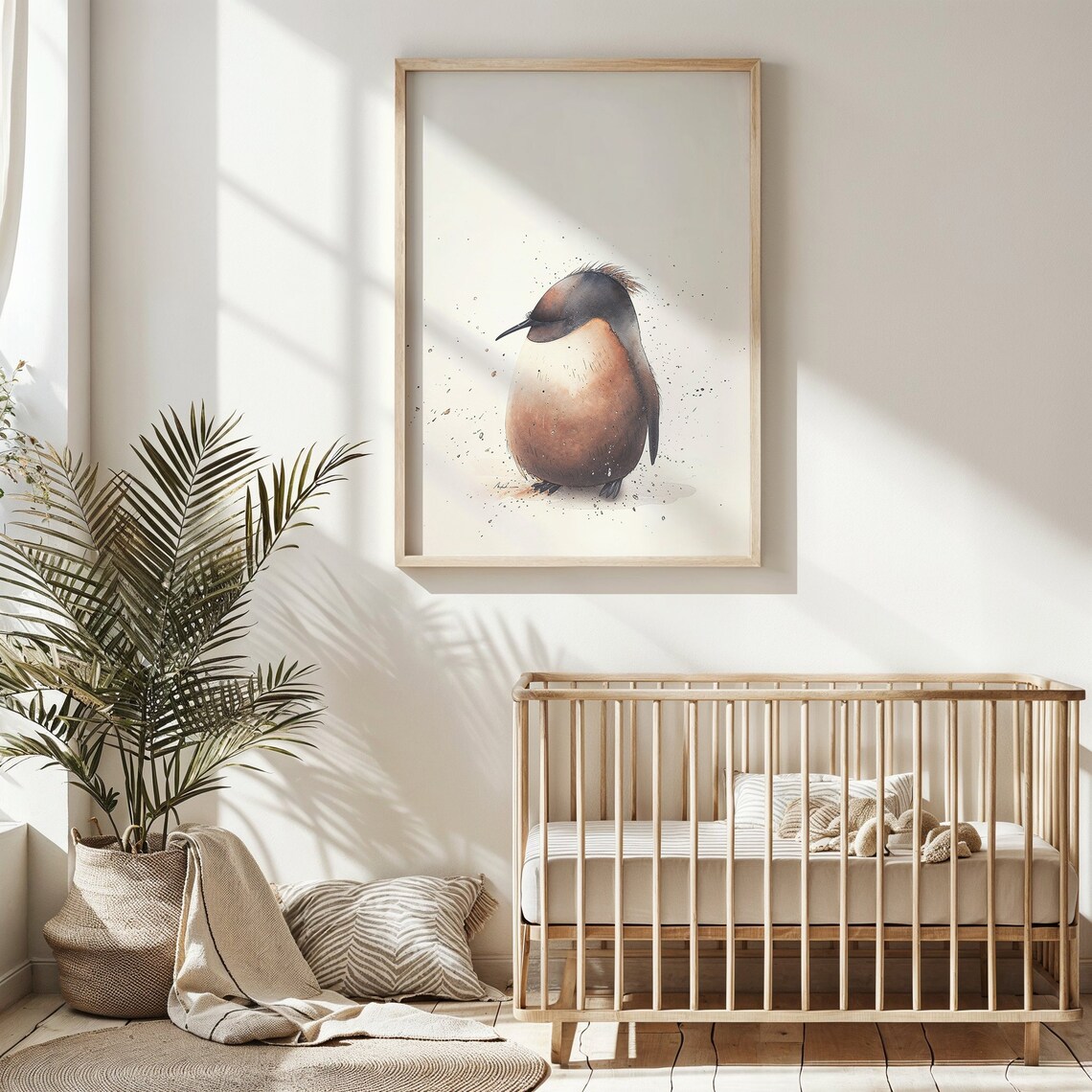 Baby Penguin Watercolor Fluffy Neutral Nursery Kids Room Animal Poster