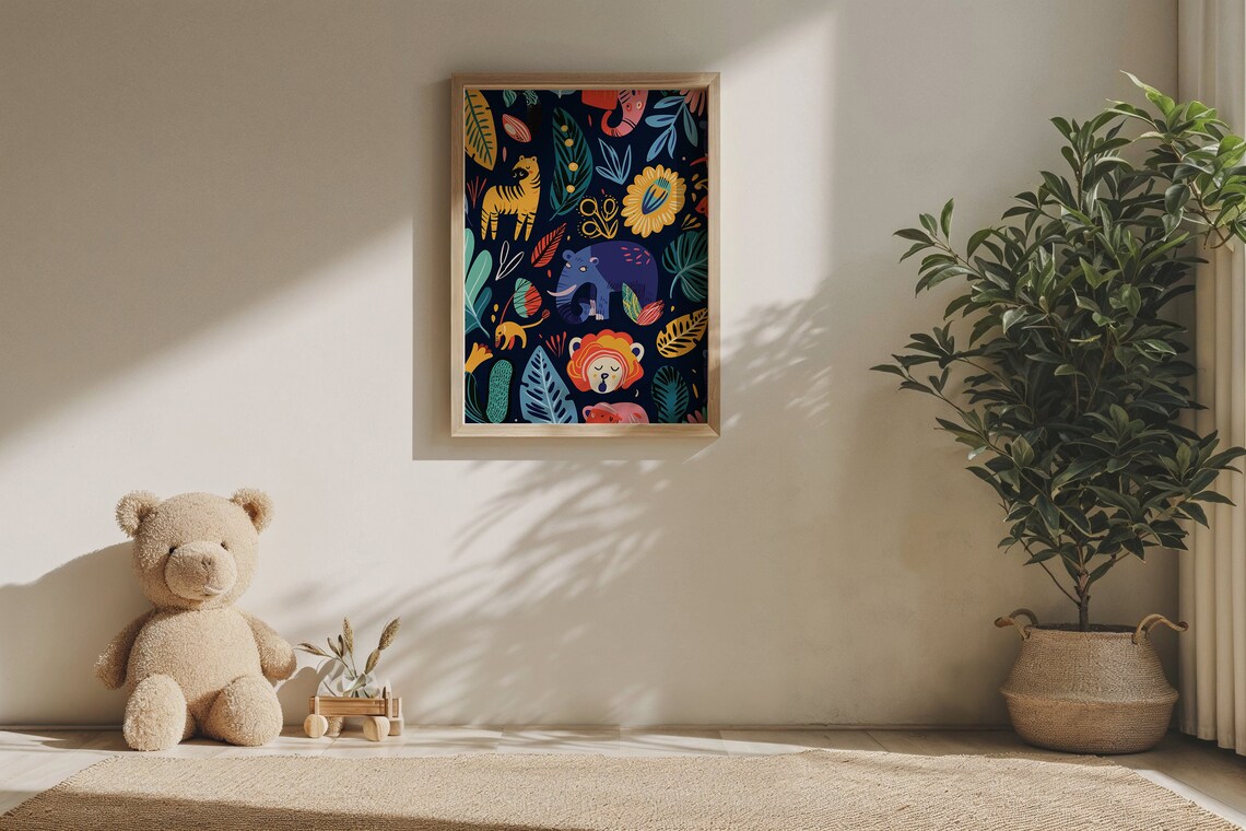 Colorful Jungle Safari Animals Pattern Dark Navy Nursery Wall Art Print - Image 5