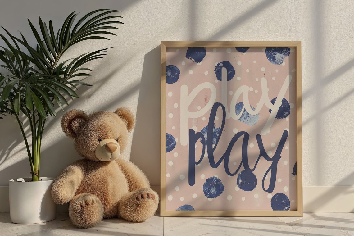 Play Play Pink Navy Polka Dot Typography Kids Room Nursery Poster - Image 6