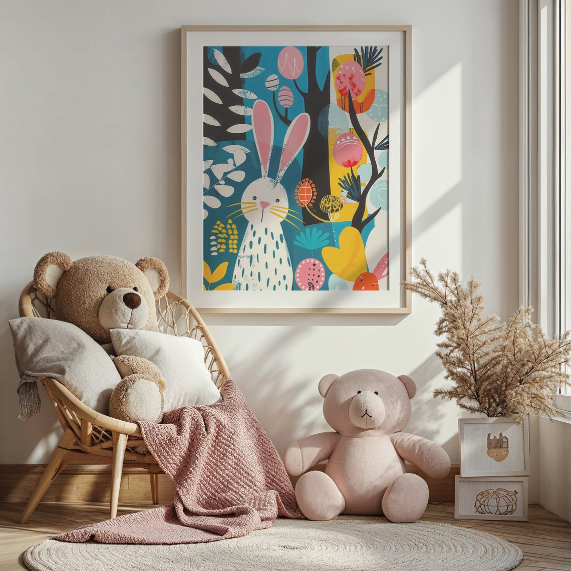 Whimsical Bunny Colorful Eggs Bold Botanical Pop Art Nursery Poster - Image 4