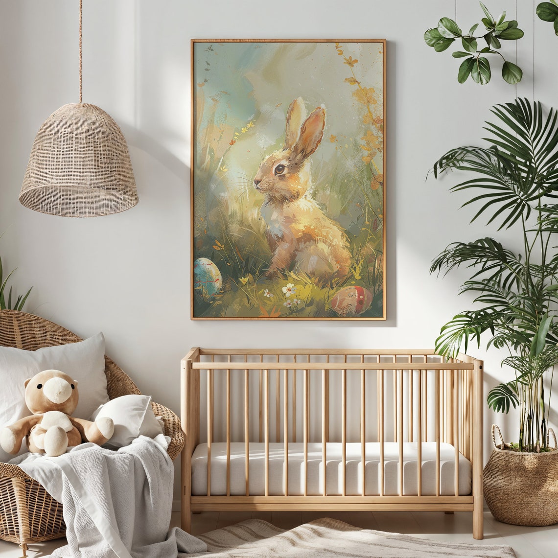 Golden Bunny Profile Painterly Spring Meadow Painted Egg Kids Poster - Image 2