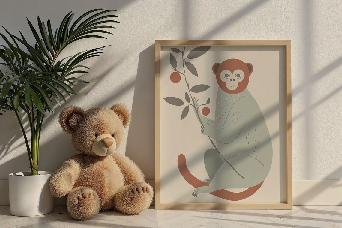 Cute Monkey With Fruit Branch Sage Terracotta Minimalist Wall Art Poster - Image 6