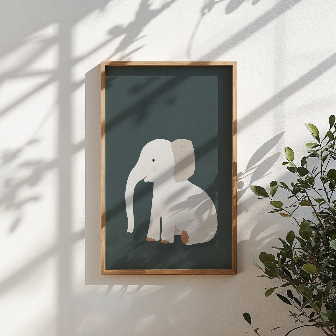 Baby Elephant Cream Illustration On Forest Green Nursery Safari Poster - Image 4