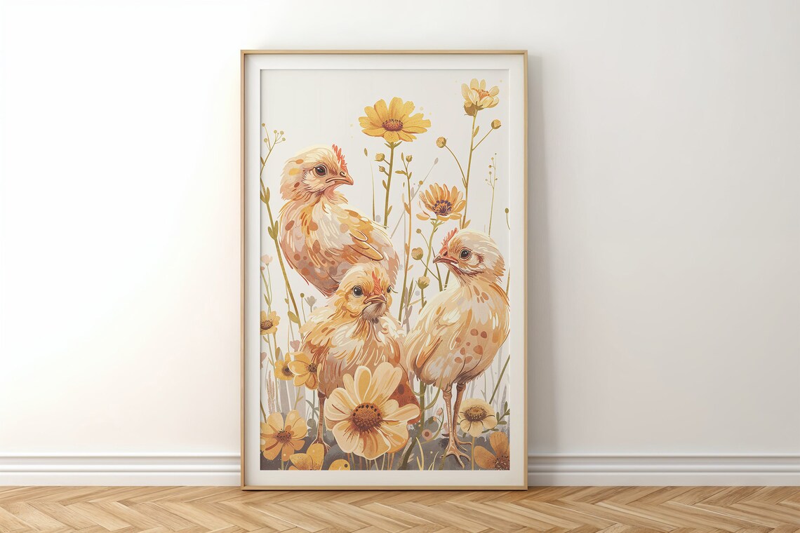 Three Baby Chicks Yellow Daisy Garden Watercolor Spring Nursery Poster - Image 6