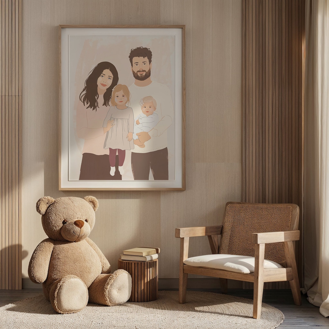 Family Of Four Minimalist Portrait Mom Dad Baby Daughter Neutral Print